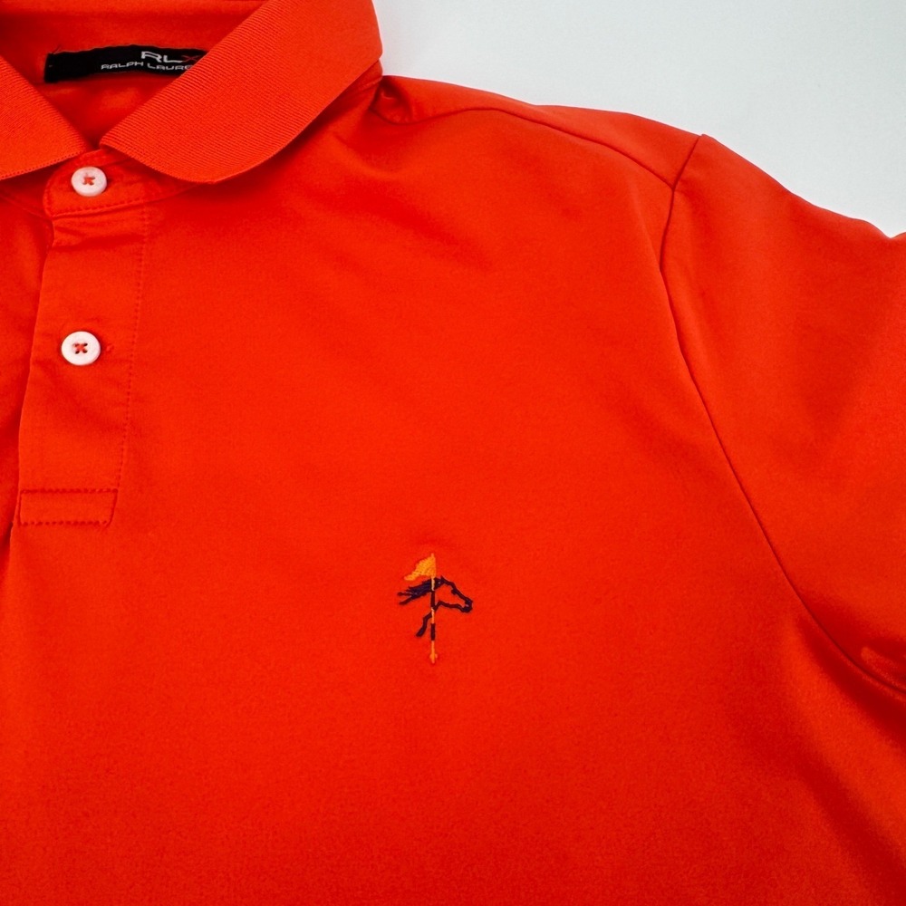 RLX Ralph Lauren Golf Polo Shirt Mens Medium Orange Horse Logo Performance